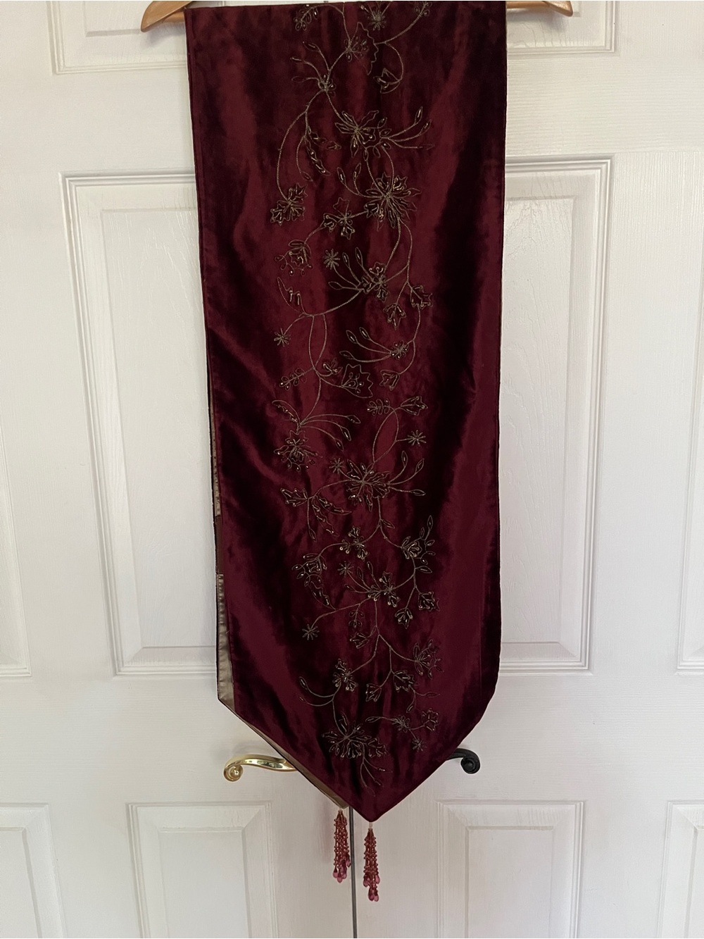 maroon velvet runner gold thread embroidery beads tassels